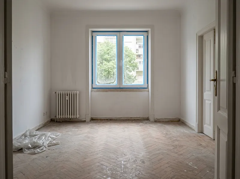 Divisão remodelada coberta de pó de obra, fita de pintor e salpicos de estuque
