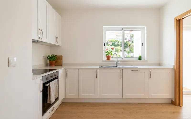 Cozinha limpa e luminosa com armários brancos, janela e chão de madeira