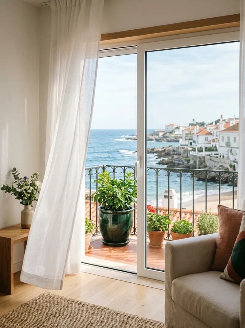 Porta de vidro da varanda sem marcas, virada para o mar