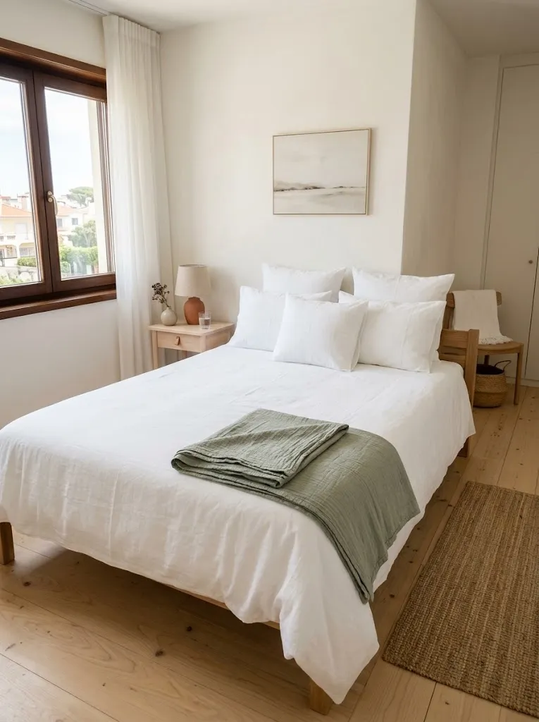 Cama feita num quarto luminoso e arrumado