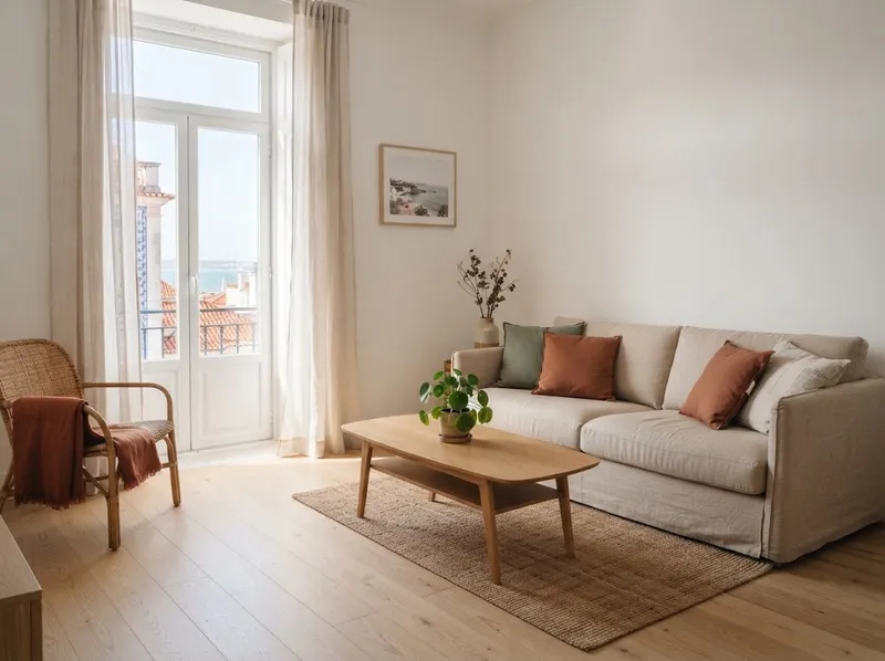 Sala de estar arrumada e luminosa num apartamento em Cascais depois da limpeza